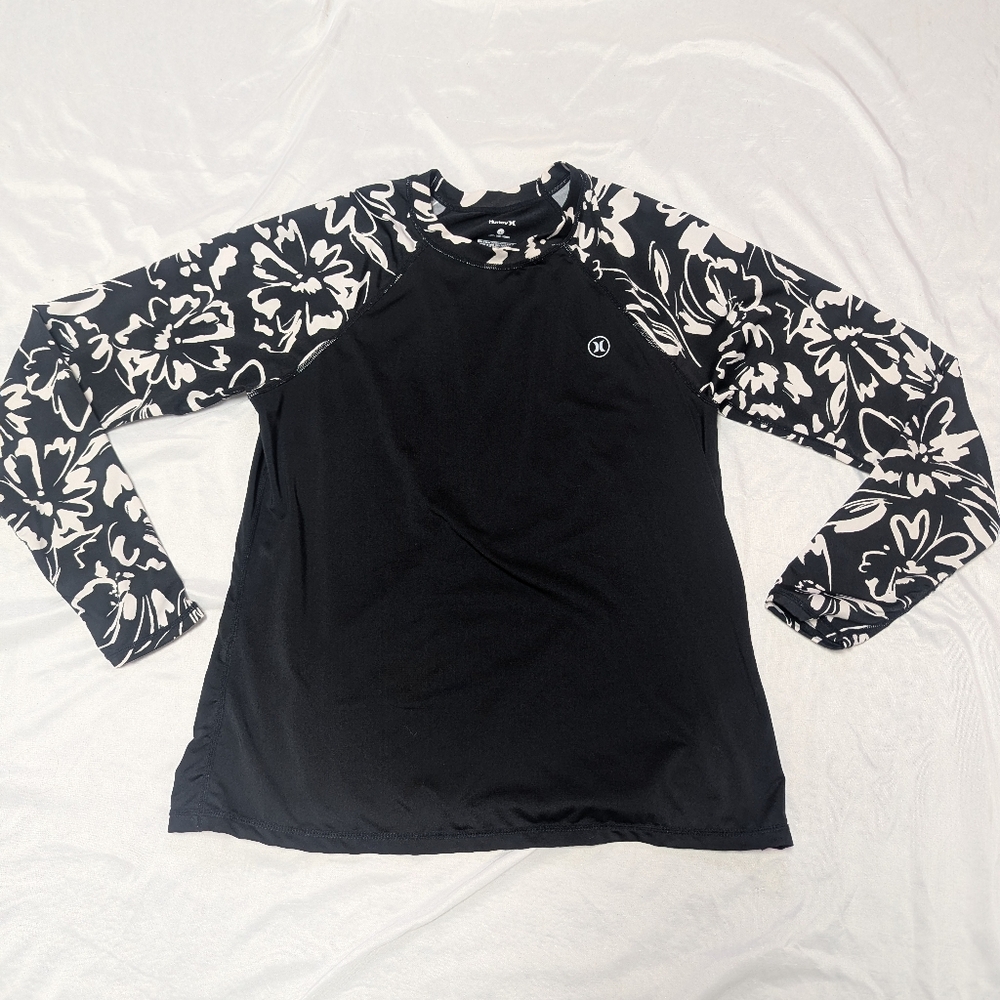 Hurley Black & White Floral Rash Guard UVF 50 Protection Ringer Style Surf Beach